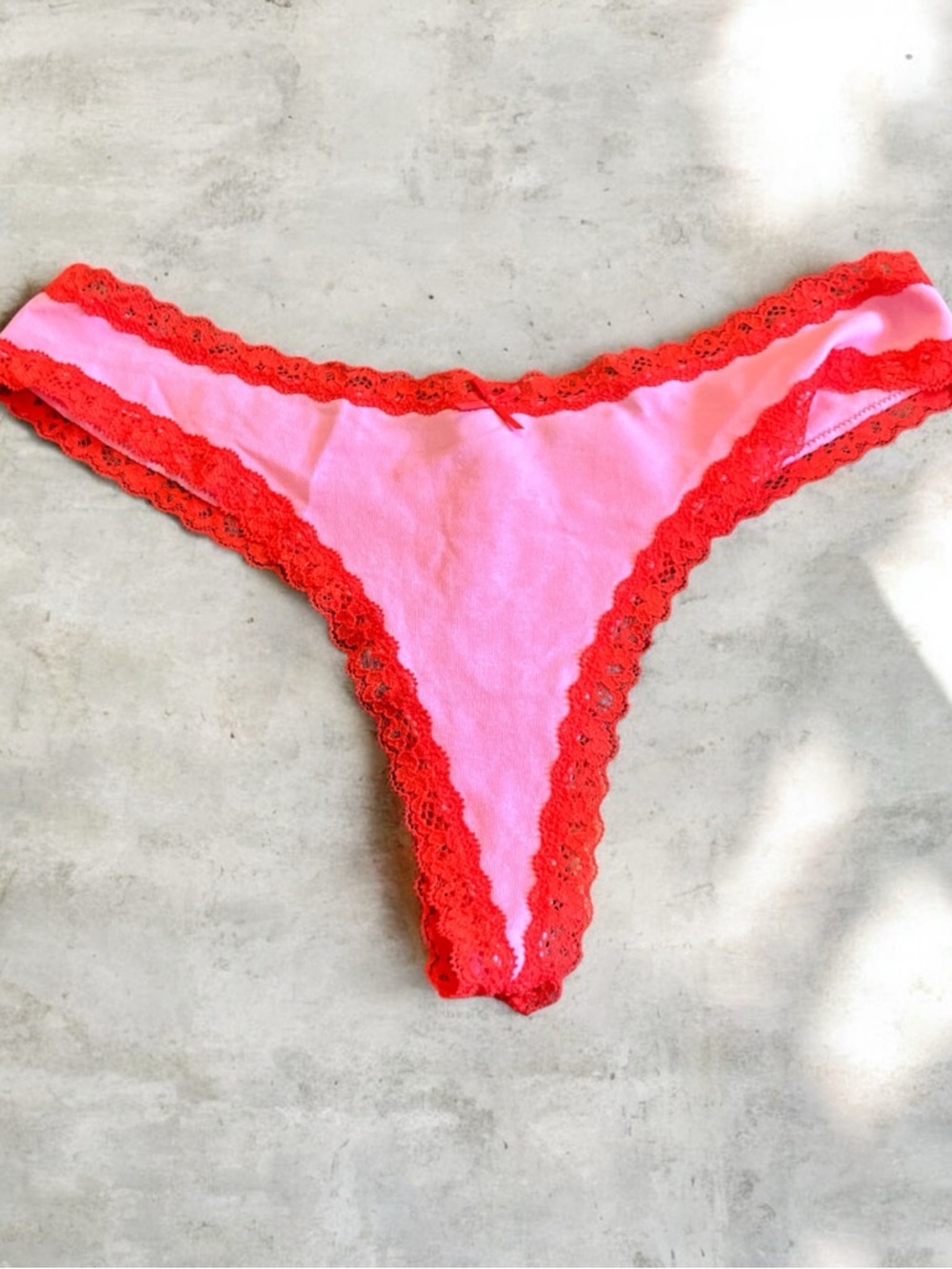SKIMS Pink with Red Lace Trim Thong Cotton Size L